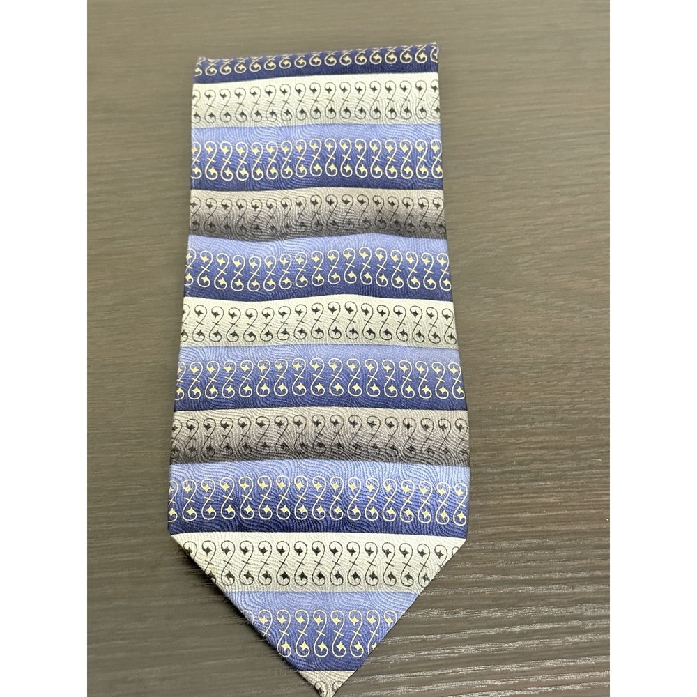Men's Geometric Tie Blue Gray Black Gold 100% Silk Handmade RN69823‎